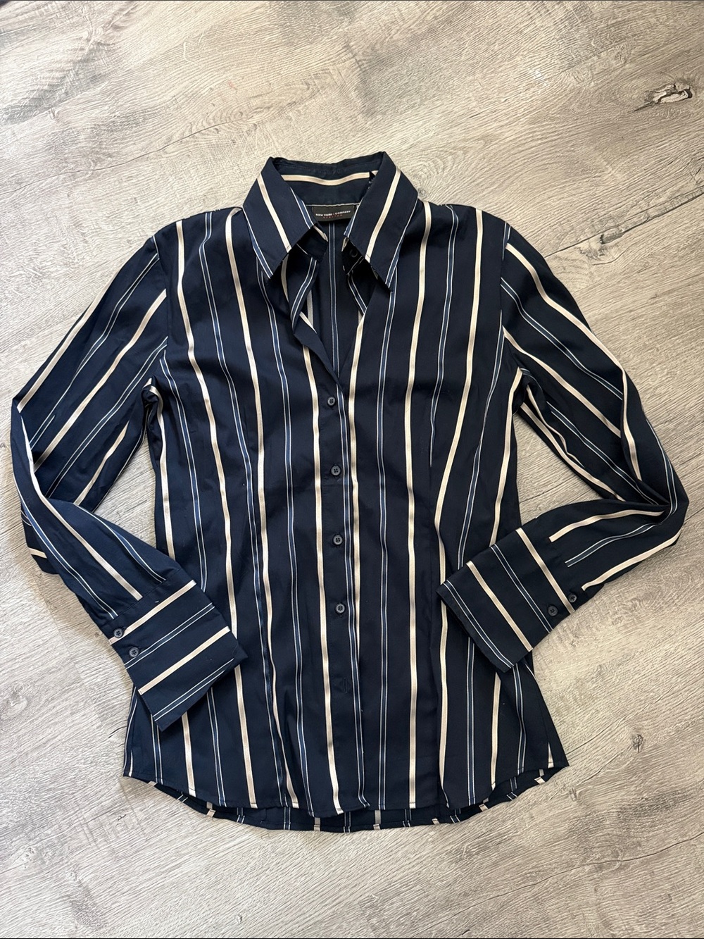 New York & Company - Women's Navy Stripe Button-Up Shirt - Picture 1 of 8